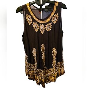 California Woman Boho Embroidered Tank Top Free Size Brown Gold Flowy Festival